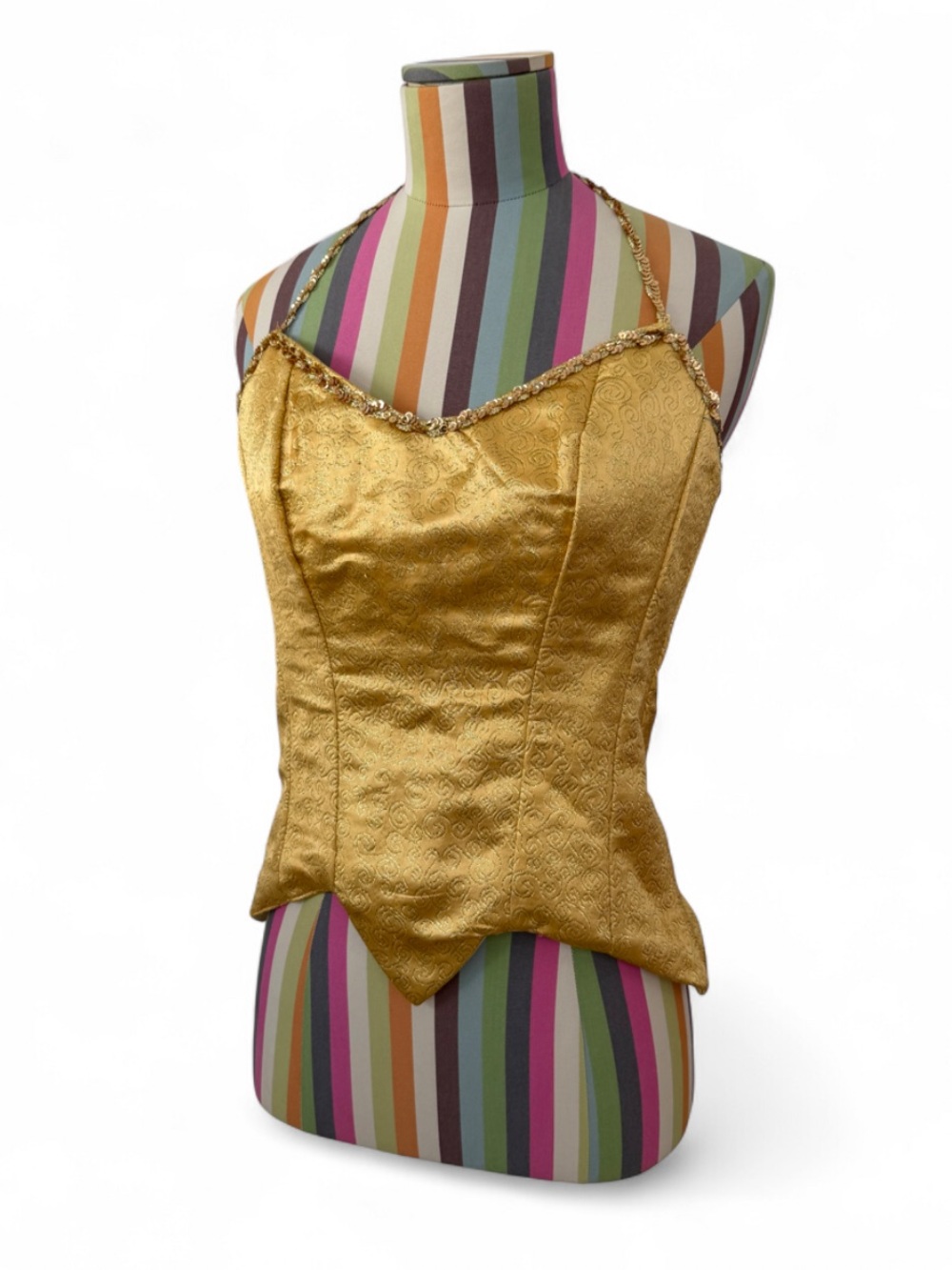 Gold Sequin Trim Costume Corset Bustier Halter Neck Lace Up Back Sparkle Glitter